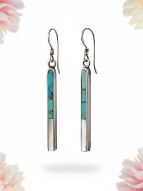 Turquoise & Mother Of Pearl Inlay Bar Drop Earrings by Jimmy Poyer